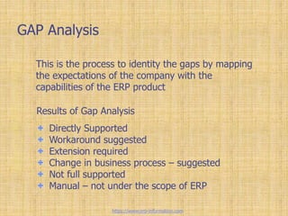 GAP Analysis
This is the process to identity the gaps by mapping
the expectations of the company with the
capabilities of the ERP product
Results of Gap Analysis
Directly Supported
Workaround suggested
Extension required
Change in business process – suggested
Not full supported
Manual – not under the scope of ERP
https://www.erp-information.com
 