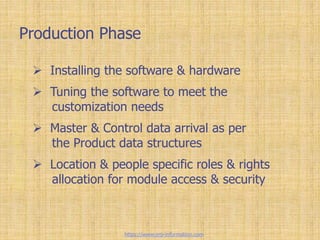 Production Phase
 Installing the software & hardware
 Tuning the software to meet the
customization needs
 Master & Control data arrival as per
the Product data structures
 Location & people specific roles & rights
allocation for module access & security
https://www.erp-information.com
 