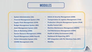 Modules
• System Administration (SA)
• Financial Management System (FM)
• Supply Chain Management (SCM)
• Budget Management System (BM)
• Asset Management System (AM)
• Sales & Marketing (CRM)
• Human Resource Management (HRM)
• Payroll Management (HRM-Payroll)
• Visitor Information System (VIS)
• COORD Management (CM)
• Admin & Security Management (ASM)
• Transportation & Logistics Management (TLM)
• Production Lifecycle Management System (PLM)
• Quality Control (QC)
• Machine Maintenance Management (MMM)
• Civil Maintenance Management (CWM)
• Health & Safety Environment (HSE)
• Dashboard-BI-Reporting (RPT)
• ERP Integration with PLC Machines Data (INT)
• Mobility
 