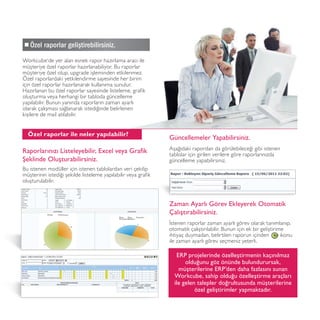 Güncellemeler Yapabilirsiniz.
Aşağıdaki rapordan da görülebileceği gibi istenen
tablolar için girilen verilere göre raporlarınızda
güncelleme yapabilirsiniz.
Zaman Ayarlı Görev Ekleyerek Otomatik
Çalıştırabilirsiniz.
İstenen raporlar zaman ayarlı görev olarak tanımlanıp,
otomatik çalıştırılabilir. Bunun için ek bir geliştirime
ihtiyaç duymadan, belirtilen raporun içinden ikonu
ile zaman ayarlı görev seçmeniz yeterli.
Workcube‘de yer alan esnek rapor hazırlama aracı ile
müşteriye özel raporlar hazırlanabiliyor. Bu raporlar
müşteriye özel olup, upgrade işleminden etkilenmez.
Özel raporlardaki yetkilendirme sayesinde her birim
için özel raporlar hazırlanarak kullanıma sunulur.
Hazırlanan bu özel raporlar sayesinde listeleme, grafik
oluşturma veya herhangi bir tabloda güncelleme
yapılabilir. Bunun yanında raporların zaman ayarlı
olarak çalışması sağlanarak istediğinde belirlenen
kişilere de mail atılabilir.
Özel raporlar geliştirebilirsiniz.
Özel raporlar ile neler yapılabilir?
Raporlarınızı Listeleyebilir, Excel veya Grafik
Şeklinde Oluşturabilirsiniz.
Bu istenen modüller için istenen tablolardan veri çekilip
müşterinin istediği şekilde listeleme yapılabilir veya grafik
oluşturulabilir.
ERP projelerinde özelleştirmenin kaçınılmaz
olduğunu göz önünde bulundurursak,
müşterilerine ERP’den daha fazlasını sunan
Workcube, sahip olduğu özelleştirme araçları
ile gelen talepler doğrultusunda müşterilerine
özel geliştirimler yapmaktadır.
 