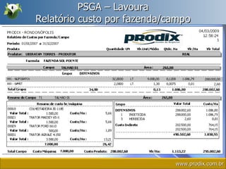 PSGA – Lavoura Relatório custo por fazenda/campo www.prodix.com.br 