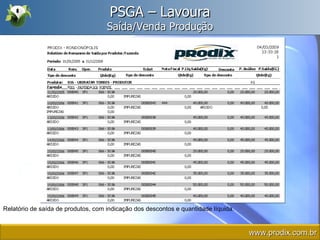 PSGA – Lavoura Saída/Venda Produção Relatório de saída de produtos, com indicação dos descontos e quantidade líquida. www.prodix.com.br 