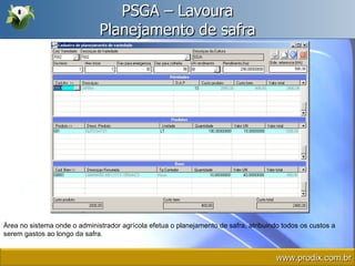 PSGA – Lavoura Planejamento de safra Área no sistema onde o administrador agrícola efetua o planejamento de safra, atribuindo todos os custos a serem gastos ao longo da safra. www.prodix.com.br 