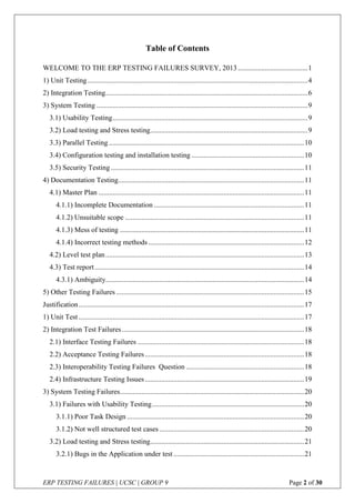 ERP TESTING FAILURES | UCSC | GROUP 9 Page 2 of 30
Table of Contents
WELCOME TO THE ERP TESTING FAILURES SURVEY, 2013 .......................................1
1) Unit Testing...........................................................................................................................4
2) Integration Testing.................................................................................................................6
3) System Testing ......................................................................................................................9
3.1) Usability Testing.............................................................................................................9
3.2) Load testing and Stress testing........................................................................................9
3.3) Parallel Testing .............................................................................................................10
3.4) Configuration testing and installation testing ...............................................................10
3.5) Security Testing ............................................................................................................11
4) Documentation Testing........................................................................................................11
4.1) Master Plan ...................................................................................................................11
4.1.1) Incomplete Documentation ....................................................................................11
4.1.2) Unsuitable scope ....................................................................................................11
4.1.3) Mess of testing .......................................................................................................11
4.1.4) Incorrect testing methods .......................................................................................12
4.2) Level test plan...............................................................................................................13
4.3) Test report.....................................................................................................................14
4.3.1) Ambiguity...............................................................................................................14
5) Other Testing Failures .........................................................................................................15
Justification..............................................................................................................................17
1) Unit Test ..............................................................................................................................17
2) Integration Test Failures......................................................................................................18
2.1) Interface Testing Failures .............................................................................................18
2.2) Acceptance Testing Failures.........................................................................................18
2.3) Interoperability Testing Failures Question ..................................................................18
2.4) Infrastructure Testing Issues.........................................................................................19
3) System Testing Failures.......................................................................................................20
3.1) Failures with Usability Testing.....................................................................................20
3.1.1) Poor Task Design ...................................................................................................20
3.1.2) Not well structured test cases.................................................................................20
3.2) Load testing and Stress testing......................................................................................21
3.2.1) Bugs in the Application under test .........................................................................21
 