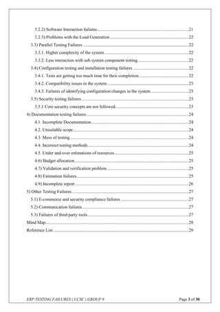 ERP TESTING FAILURES | UCSC | GROUP 9 Page 3 of 30
3.2.2) Software Interaction failures ..................................................................................21
3.2.3) Problems with the Load Generation.......................................................................22
3.3) Parallel Testing Failures ...............................................................................................22
3.3.1. Higher complexity of the system............................................................................22
3.3.2. Less interaction with sub system component testing..............................................22
3.4) Configuration testing and installation testing failures ..................................................22
3.4.1. Tests are getting too much time for their completion.............................................22
3.4.2. Compatibility issues in the system. ........................................................................23
3.4.3. Failures of identifying configuration changes in the system..................................23
3.5) Security testing failures ................................................................................................23
3.5.1 Core security concepts are not followed..................................................................23
4) Documentation testing failures............................................................................................24
4.1. Incomplete Documentation........................................................................................24
4.2. Unsuitable scope........................................................................................................24
4.3. Mess of testing...........................................................................................................24
4.4. Incorrect testing methods...........................................................................................24
4.5. Under and over estimations of resources...................................................................25
4.6) Budget allocation.......................................................................................................25
4.7) Validation and verification problem .........................................................................25
4.8) Estimation failures.....................................................................................................25
4.9) Incomplete report ......................................................................................................26
5) Other Testing Failures .........................................................................................................27
5.1) E-commerce and security compliance failures .............................................................27
5.2) Communication failures................................................................................................27
5.3) Failures of third party tools...........................................................................................27
Mind Map.................................................................................................................................28
Reference List ..........................................................................................................................29
 