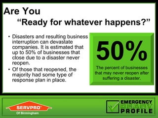 Are You  “Ready for whatever happens?” ,[object Object],[object Object],50% The percent of businesses that may never reopen after suffering a disaster. Of Birmingham 