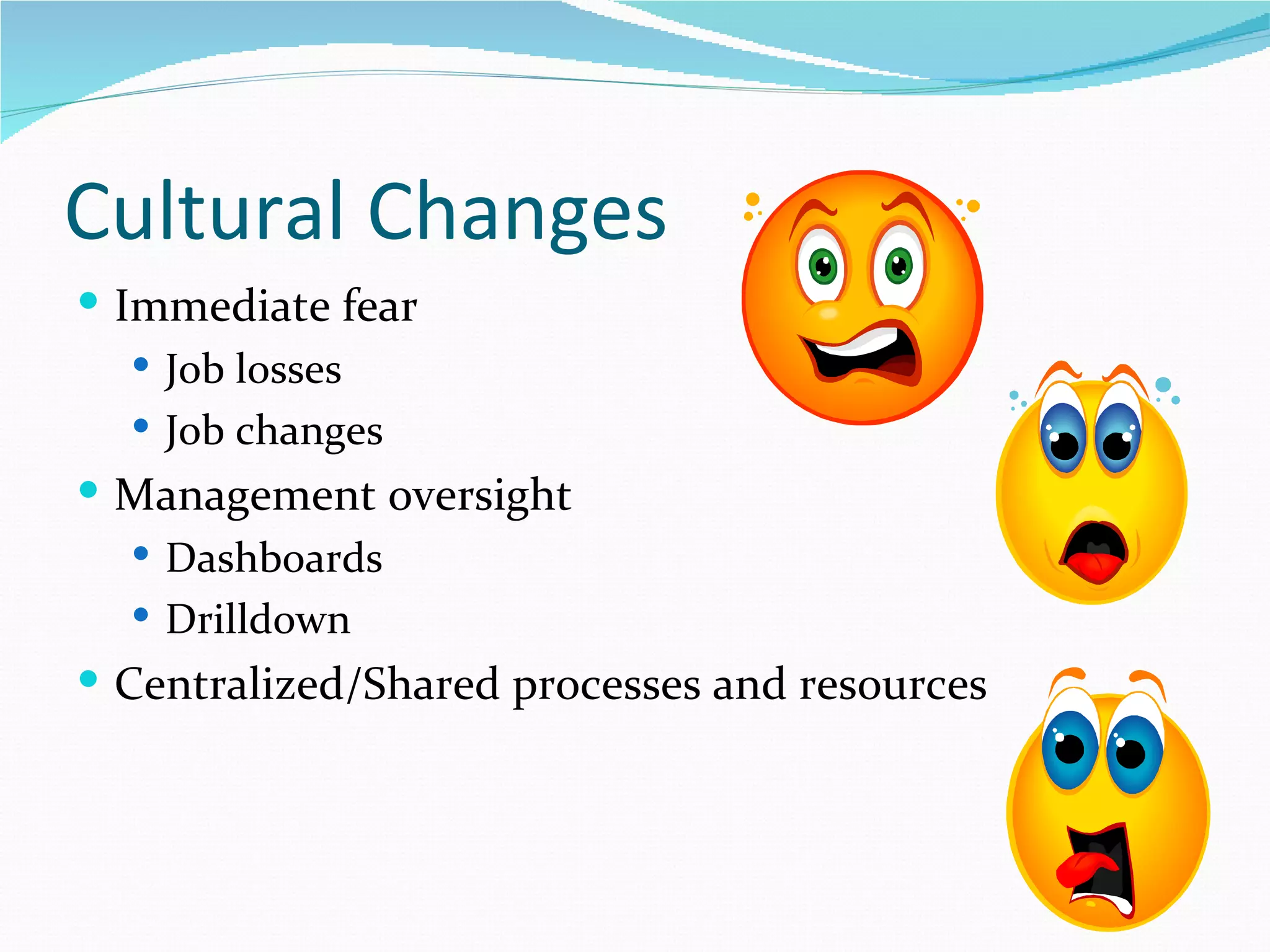 Cultural Changes
 Immediate fear
    Job losses
    Job changes
 Management oversight
   Dashboards
   Drilldown
 Centralized/Shared processes and resources
 