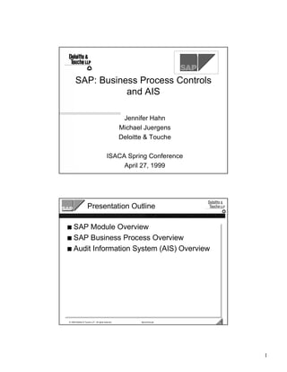 SAP: Business Process Controls
                  and AIS

                                                      Jennifer Hahn
                                                     Michael Juergens
                                                     Deloitte & Touche

                                            ISACA Spring Conference
                                                 April 27, 1999




                     Presentation Outline
                                                                SAP: Business Process Controls and AIS

s SAP Module Overview
s SAP Business Process Overview
s Audit Information System (AIS) Overview




© 1999 Deloitte & Touche LLP. All rights reserved.          Bpcontrols.ppt                          2




                                                                                                         1
 