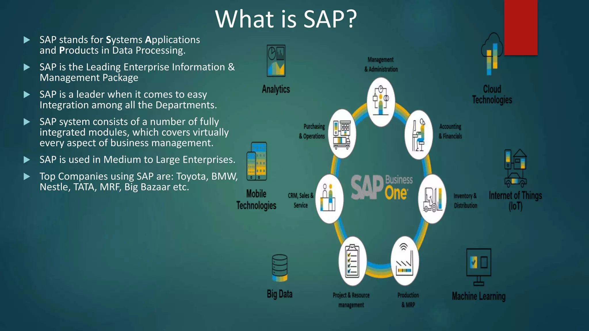 What is SAP?
 SAP stands for Systems Applications
and Products in Data Processing.
 SAP is the Leading Enterprise Information &
Management Package
 SAP is a leader when it comes to easy
Integration among all the Departments.
 SAP system consists of a number of fully
integrated modules, which covers virtually
every aspect of business management.
 SAP is used in Medium to Large Enterprises.
 Top Companies using SAP are: Toyota, BMW,
Nestle, TATA, MRF, Big Bazaar etc.
 