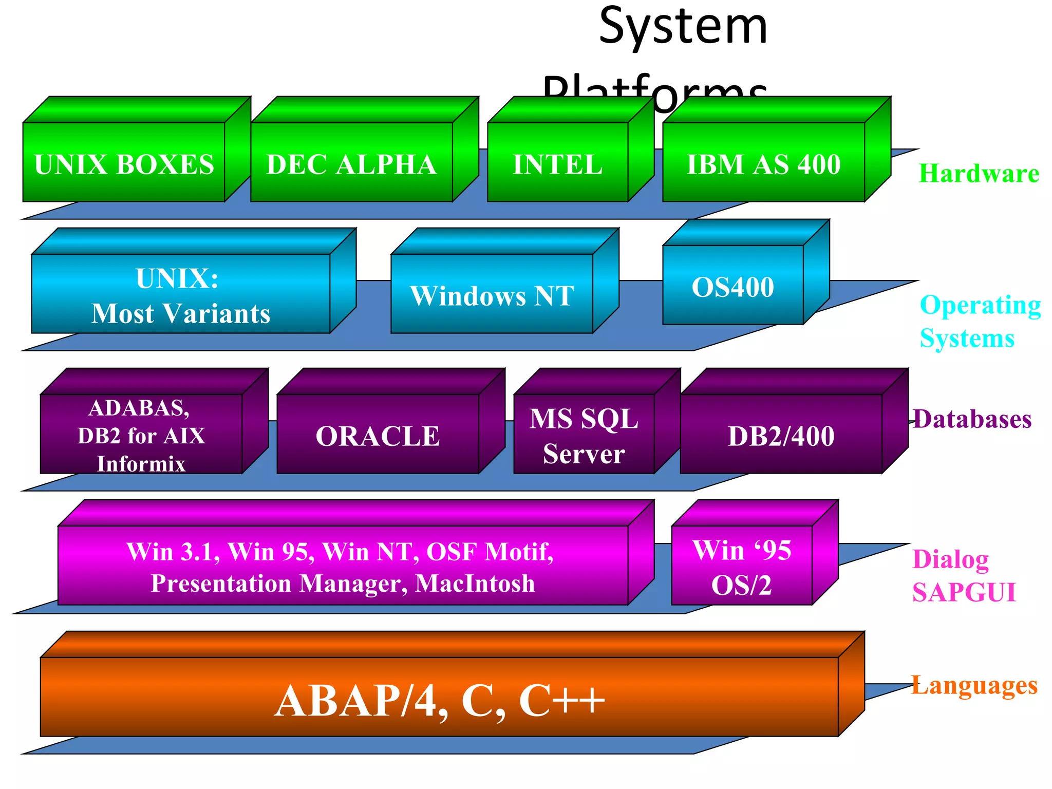 System Platforms Languages Dialog SAPGUI Databases Operating Systems Hardware UNIX BOXES IBM AS 400 INTEL DEC ALPHA UNIX:  Most Variants Windows NT OS400 ADABAS,  DB2 for AIX Informix DB2/400 ORACLE MS SQL Server Win 3.1, Win 95, Win NT, OSF Motif,  Presentation Manager, MacIntosh Win ‘95 OS/2 ABAP/4, C, C++ 