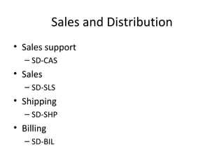 Sales and Distribution Sales support SD-CAS Sales SD-SLS Shipping SD-SHP Billing SD-BIL 