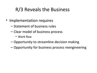 R/3 Reveals the Business Implementation requires  Statement of business rules Clear model of business process Work flow Opportunity to streamline decision making Opportunity for business process reengineering 
