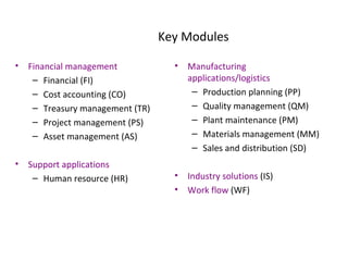 Key Modules Financial management Financial (FI) Cost accounting (CO) Treasury management (TR) Project management (PS) Asset management (AS) Support applications Human resource (HR) Manufacturing applications/logistics Production planning (PP) Quality management (QM) Plant maintenance (PM)  Materials management (MM) Sales and distribution (SD) Industry solutions  (IS) Work flow  (WF) 