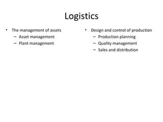 Logistics The management of assets Asset management Plant management Design and control of production Production planning Quality management Sales and distribution 