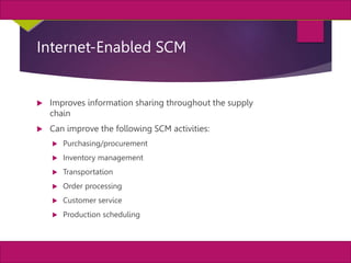 10
MIS, Chapter 11
©2011 Course Technology, a part of Cengage Learning
Chapter 11 Enterprise Systems
Internet-Enabled SCM
 Improves information sharing throughout the supply
chain
 Can improve the following SCM activities:
 Purchasing/procurement
 Inventory management
 Transportation
 Order processing
 Customer service
 Production scheduling
 