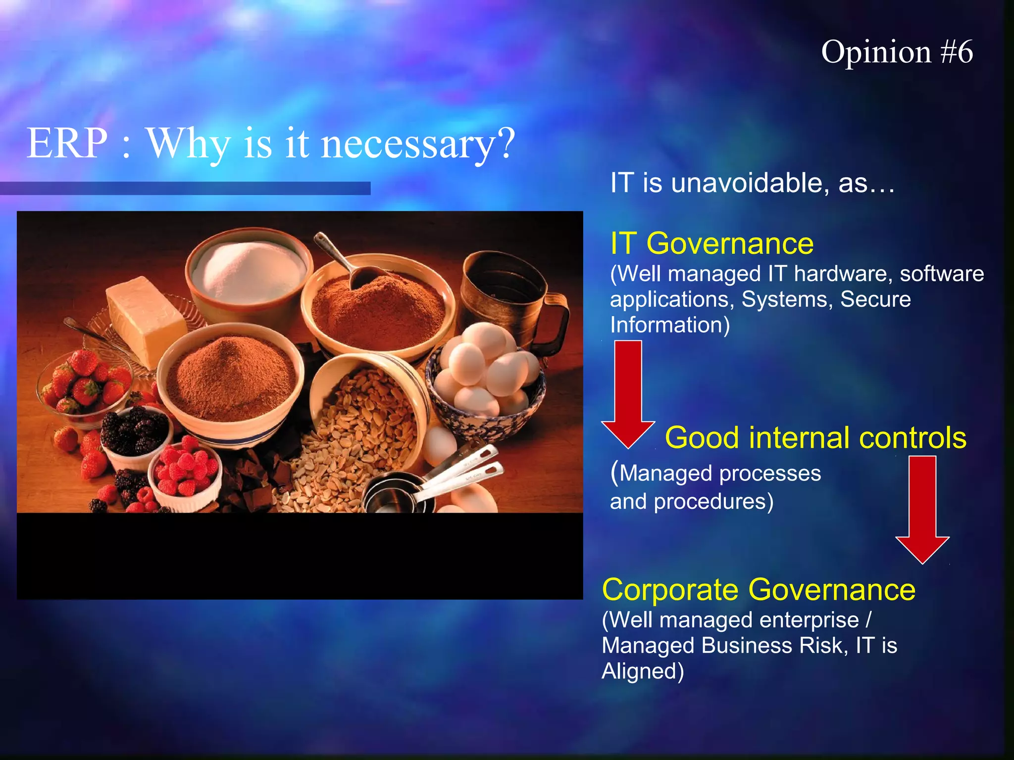 ERP : Why is it necessary?
Opinion #6
IT is unavoidable, as…
IT Governance
(Well managed IT hardware, software
applications, Systems, Secure
Information)
Good internal controls
(Managed processes
and procedures)
Corporate Governance
(Well managed enterprise /
Managed Business Risk, IT is
Aligned)
 