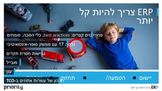 ‫יישום‬‫הטמעה‬/
‫הדרכה‬
‫תחזוק‬
‫ה‬
‫שינויים‬
‫למשתמש‬
ERP‫להיות‬ ‫צריך‬‫קל‬
‫יותר‬
‫תקדים‬ ‫חסרת‬ ‫גמישות‬
‫גרסה‬17‫סופר‬ ‫ממשק‬ ‫עם‬-‫אינטואיטיבי‬
‫קצרים‬ ‫פרוייקטים‬:best practices,‫הסבה‬ ‫כלי‬,‫מומחים‬
‫ענן‬
‫חסכון‬‫ב‬ ‫אחוזים‬ ‫עשרות‬ ‫של‬-TCO
‫מובייל‬
 