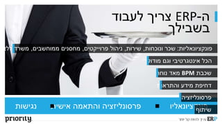 ‫ה‬-ERP‫צריך‬‫לעבוד‬
‫בשבילך‬
‫פונקציונאליו‬
‫ת‬
‫אישית‬ ‫והתאמה‬ ‫פרסונליזציה‬‫נגישות‬
‫פונקציונאליות‬:‫ונוכחות‬ ‫שכר‬,‫שירות‬,‫פרוייקטים‬ ‫ניהול‬,‫ממוחשבים‬ ‫מחסנים‬,‫נ‬ ‫ללא‬ ‫משרד‬
‫מודולרי‬ ‫וגם‬ ‫אינטגרטיבי‬ ‫הכל‬
‫שכבת‬BPM‫נוחה‬ ‫מאד‬
‫והתראות‬ ‫מידע‬ ‫דחיפת‬
‫פרסונליזציה‬
‫שיתוף‬
 