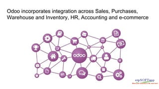 Odoo incorporates integration across Sales, Purchases,
Warehouse and Inventory, HR, Accounting and e-commerce
 