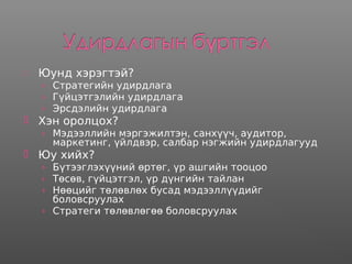  Юунд хэрэгтэй?
› Стратегийн удирдлага
› Гүйцэтгэлийн удирдлага
› Эрсдэлийн удирдлага
 Хэн оролцох?
› Мэдээллийн мэргэжилтэн, санхүүч, аудитор,
маркетинг, үйлдвэр, салбар нэгжийн удирдлагууд
 Юу хийх?
› Бүтээглэхүүний өртөг, үр ашгийн тооцоо
› Төсөв, гүйцэтгэл, үр дүнгийн тайлан
› Нөөцийг төлөвлөх бусад мэдээллүүдийг
боловсруулах
› Стратеги төлөвлөгөө боловсруулах
 