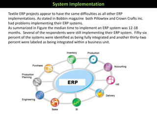 Textile ERP projects appear to have the same difficulties as all other ERP
implementations. As stated in Bobbin magazine both Pillowtex and Crown Crafts inc.
had problems implementing their ERP systems.
As summarized in Figure the median time to implement an ERP system was 12-18
months. Several of the respondents were still implementing their ERP system. Fifty-six
percent of the systems were identified as being fully integrated and another thirty-two
percent were labeled as being integrated within a business unit.
System Implementation
 