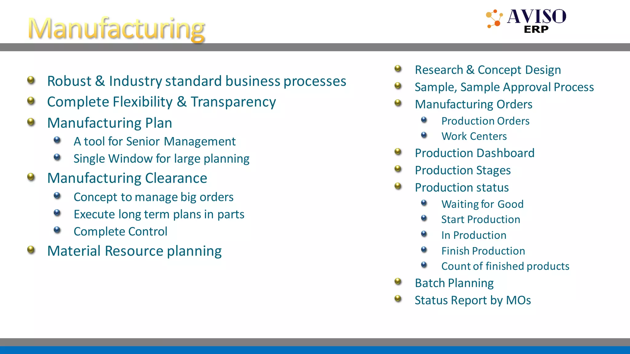 Robust & Industry standard business processes
Complete Flexibility & Transparency
Manufacturing Plan
A tool for Senior Management
Single Window for large planning
Manufacturing Clearance
Concept to manage big orders
Execute long term plans in parts
Complete Control
Material Resource planning
Research & Concept Design
Sample, Sample Approval Process
Manufacturing Orders
Production Orders
Work Centers
Production Dashboard
Production Stages
Production status
Waiting for Good
Start Production
In Production
Finish Production
Count of finished products
Batch Planning
Status Report by MOs
 