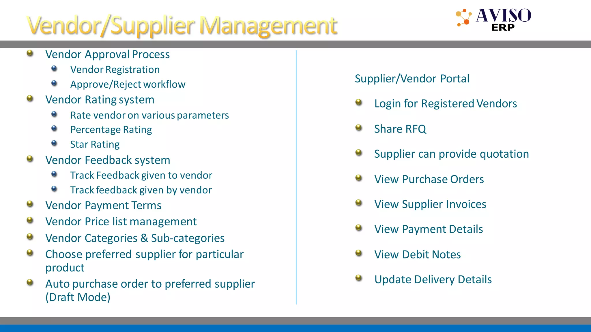 Vendor ApprovalProcess
VendorRegistration
Approve/Reject workflow
Vendor Rating system
Rate vendoron variousparameters
Percentage Rating
Star Rating
Vendor Feedback system
Track Feedback given to vendor
Track feedback given by vendor
Vendor Payment Terms
Vendor Price list management
Vendor Categories & Sub-categories
Choose preferred supplier for particular
product
Auto purchase order to preferred supplier
(Draft Mode)
Supplier/Vendor Portal
Login for RegisteredVendors
Share RFQ
Supplier can provide quotation
View Purchase Orders
View Supplier Invoices
View Payment Details
View Debit Notes
Update Delivery Details
 