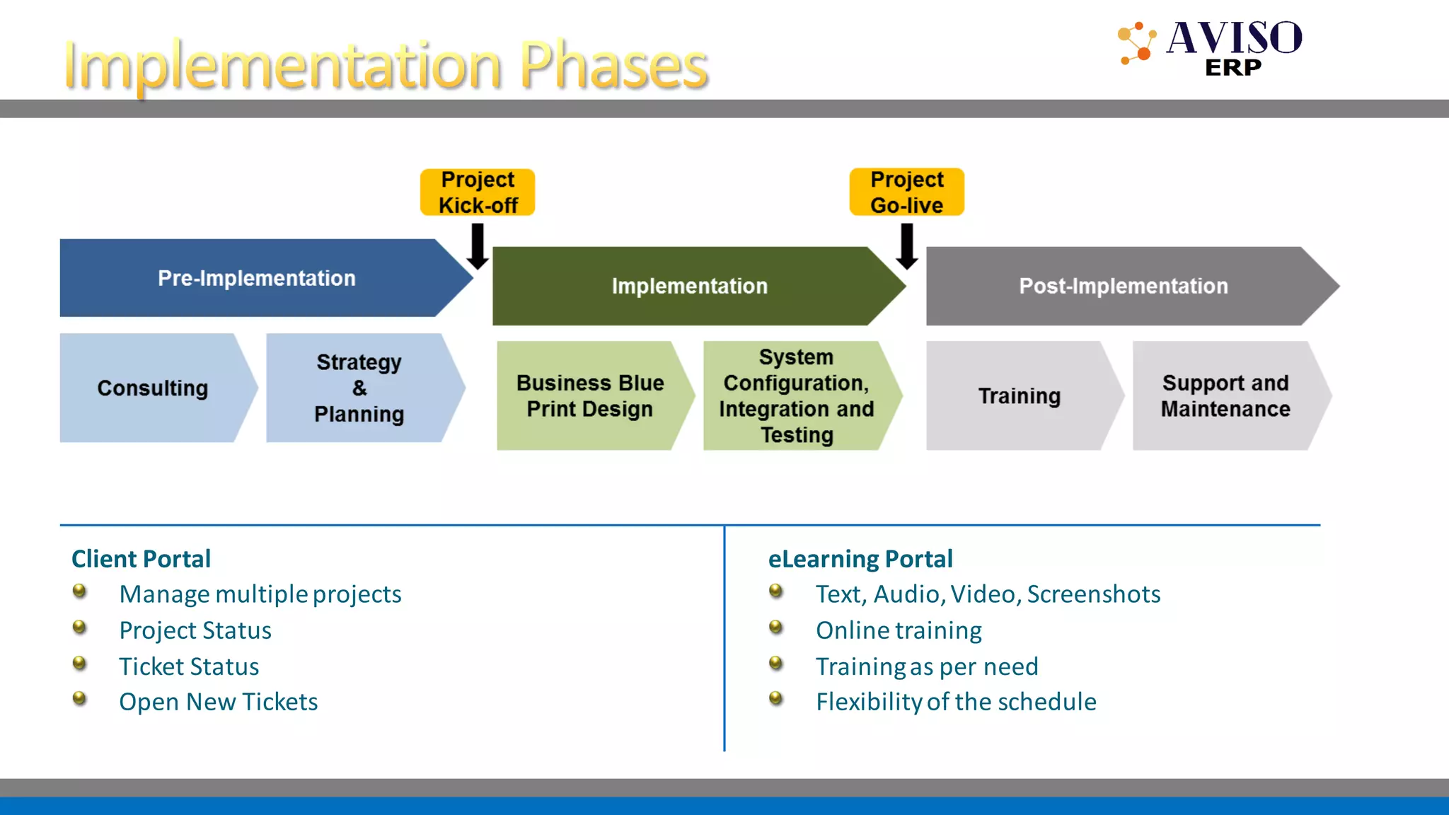 Client Portal
Manage multipleprojects
Project Status
Ticket Status
Open New Tickets
eLearning Portal
Text, Audio,Video, Screenshots
Online training
Trainingas per need
Flexibilityof the schedule
 