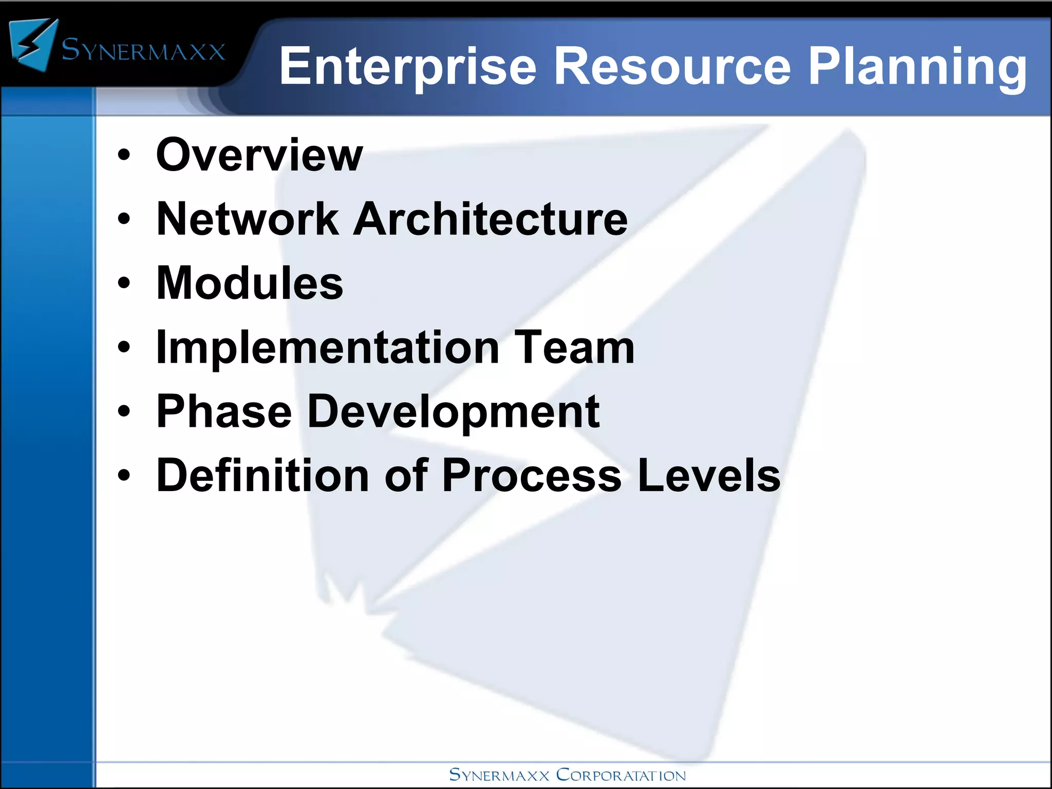 Enterprise Resource Planning Overview Network Architecture Modules Implementation Team Phase Development Definition of Process Levels 