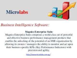 Microlabs
Business Intelligence Software:
Magniss Enterprise Suite
Magniss Enterprise Suite comprises a world-class set of powerful
and effective business performance management products that
enables the unlocking of the potential of an SME organization by
allowing its owners / managers the ability to monitor and act upon
their business specific KPIs (Key Performance Indicators) with
precision and agility.
http://www.microlabs.com.sg/
 