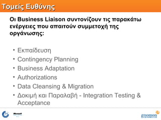 Τομείς ΕυθύνηςΤομείς Ευθύνης
Οι Business Liaison συντονίζουν τις παρακάτω
ενέργειες που απαιτούν συμμετοχή της
οργάνωσης:
• Εκπαίδευση
• Contingency Planning
• Business Adaptation
• Authorizations
• Data Cleansing & Migration
• Δοκιμή και Παραλαβή - Integration Testing &
Acceptance
 