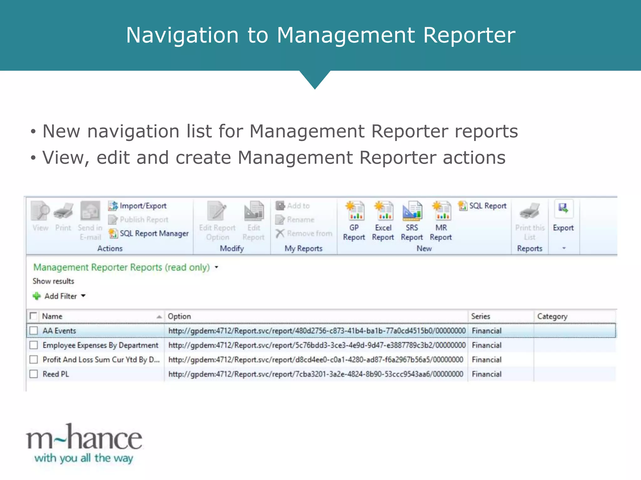 Navigation to Management Reporter
• New navigation list for Management Reporter reports
• View, edit and create Management Reporter actions
 