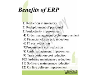 Benefits of ERP

  1) Reduction in inventory
  2) Redeployment of personnel
  3)Productivity improvement
   4) Order management cycle improvement
   5) Financial close/cycle reduction
   6) IT cost reduction
   7)Procurement cost reduction
   8) Cash management Improvement
   9) Transportation cost reduction
 10)Hardware maintenance reduction
 11) Software maintenance reduction
 12) On line delivery improvement
 