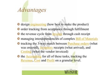 Advantages

 design engineering (how best to make the product)
 order tracking from acceptance through fulfillment
 the revenue cycle from invoice through cash receipt
 managing interdependencies of complex Bill of Materials
 tracking the 3-way match between Purchase orders (what
 was ordered), Inventory receipts (what arrived), and
 Costing (what the vendor invoiced)
 the Accounting for all of these tasks, tracking the
 Revenue, Cost and Profit on a granular level.
 