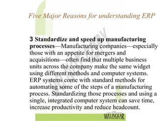 Five Major Reasons for understanding ERP


3 Standardize and speed up manufacturing
processes—Manufacturing companies—especially
those with an appetite for mergers and
acquisitions—often find that multiple business
units across the company make the same widget
using different methods and computer systems.
ERP systems come with standard methods for
automating some of the steps of a manufacturing
process. Standardizing those processes and using a
single, integrated computer system can save time,
increase productivity and reduce headcount.
 