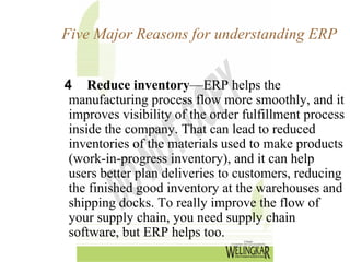 Five Major Reasons for understanding ERP


4 Reduce inventory—ERP helps the
 manufacturing process flow more smoothly, and it
 improves visibility of the order fulfillment process
 inside the company. That can lead to reduced
 inventories of the materials used to make products
 (work-in-progress inventory), and it can help
 users better plan deliveries to customers, reducing
 the finished good inventory at the warehouses and
 shipping docks. To really improve the flow of
 your supply chain, you need supply chain
 software, but ERP helps too.
 