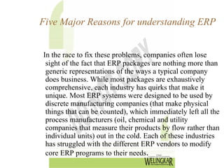 Five Major Reasons for understanding ERP


In the race to fix these problems, companies often lose
 sight of the fact that ERP packages are nothing more than
 generic representations of the ways a typical company
 does business. While most packages are exhaustively
 comprehensive, each industry has quirks that make it
 unique. Most ERP systems were designed to be used by
 discrete manufacturing companies (that make physical
 things that can be counted), which immediately left all the
 process manufacturers (oil, chemical and utility
 companies that measure their products by flow rather than
 individual units) out in the cold. Each of these industries
 has struggled with the different ERP vendors to modify
 core ERP programs to their needs.
 