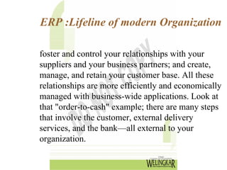 ERP :Lifeline of modern Organization

foster and control your relationships with your
suppliers and your business partners; and create,
manage, and retain your customer base. All these
relationships are more efficiently and economically
managed with business-wide applications. Look at
that "order-to-cash" example; there are many steps
that involve the customer, external delivery
services, and the bank—all external to your
organization.
 