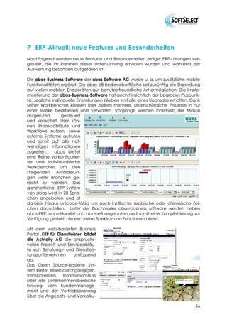 mySQL (33 %) und Informix (23 %). Zuletzt wurden die Systeme sybase (9 %), Progress
(7 %) und ADABAS (4 %) genannt.



6 Zusammenfassung
Mehrheit der ERP-Systeme weiterhin für den Inhouse-Betrieb angeboten

Zunächst zeigt sich, dass die meisten ERP-Lösungen immer noch für den Inhouse-
Betrieb angeboten werden. Obwohl sich dieser Punkt seit der letzten Erhebung im
Jahr 2008 nicht wesentlich verändert hat, lässt sich doch feststellen, dass SaaS weiter
an Bedeutung gewinnt. Diese Lösungen werden mittlerweile vermehrt von ERP-
Anbietern auf den Markt gebracht. Als Nachfolger von ASP sind sie weiterhin stark im
Trend und eine Angebotszunahme ist deutlich auszumachen. Der Markt reagiert
dadurch auch auf eine sich langsam verändernde Anwenderlandschaft, die nun
schon spürbar damit begonnen hat, ihre Bedenken gegenüber den Nachteilen von
SaaS-Systemen abzulegen.

Gespräche zwischen Anwendern und SoftSelect zeigen auf, dass es nach wie vor
wenig Erfahrung mit ASP- und SaaS-Systemen gibt und dem Thema mit viel Skepsis
begegnet wird. Dennoch stellen immer mehr ERP-Herstelller mittlerweile auch SaaS
basierende ERP-Lösungen zur Verfügung. Rund die Hälfte der erwähnten Systeme
kann schon im SaaS-Modell bezogen werden. Davon wiederum die Hälfte, also ein
Viertel der gesamten in der Studie aufgezählten Lösungen, gibt es schon seit mehr als
zwei Jahren als SaaS-Version. Die restlichen Systeme werden hingegen überhaupt
nicht als Mietversion angeboten. Es bleibt noch abzuwarten, wie stark sich dieses Bild
in den nächsten Jahren verändern wird. Wegen des steigenden Wettbewerbs kann
davon ausgegangen werden, dass die Zustimmung zu SaaS-Systemen aufgrund der
zu erwartenden Verbesserungen des Preis- / Leistungsverhältnisses steigen wird.

Systemarchitektur: ERP-Lösungen zumindest teilweise webfähig

Im Bereich der Systemarchitektur wird deutlich, dass die ERP-Lösungen mittlerweile
zumindest teilweise webfähig sind. Auf einige Bereiche der Lösung kann damit auch
über einen Web-Client zugegriffen werden. Ohne Zusatzinstallationen über das Web
zu 100 % nutzbar ist erst die Hälfte der ERP-Lösungen.
Weitere Fragen zu technologischen Daten offenbaren, dass die Mehrzahl der ERP-
Lösungen die Betriebssysteme von Microsoft und zwar sowohl was Server-
Betriebssysteme, als auch was Client-Betriebssysteme betrifft, unterstützen. Nach den
Betriebssystemen Windows Server 2008, 2003 und 2000, und den Client-
Betriebssystemen, Windows 7, Vista und XP folgen mit Abstand die Systeme Linux und
Unix für den Server- und Clientbereich.

Kleine und mittelständische Unternehmen rücken in den Fokus der Anbieter

Die Zielgruppe betreffend konnte erstmals ein enormer Anstieg an Angeboten für
kleine und mittlere Unternehmen (KMU) verzeichnet werden. Die Studie ergab, dass
mittlerweile ein Großteil der ERP-Systeme auf diese Unternehmen zugeschnitten ist.
Die meisten Lösungen wenden sich an Unternehmen zwischen 50 und 500 Mitarbei-

                                                                                    50
 