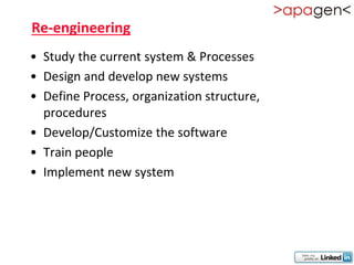Re-engineering
• Study the current system & Processes
• Design and develop new systems
• Define Process, organization structure,
  procedures
• Develop/Customize the software
• Train people
• Implement new system
 