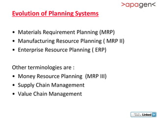 Evolution of Planning Systems

• Materials Requirement Planning (MRP)
• Manufacturing Resource Planning ( MRP II)
• Enterprise Resource Planning ( ERP)

Other terminologies are :
• Money Resource Planning (MRP III)
• Supply Chain Management
• Value Chain Management
 