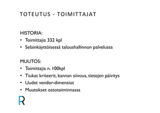 TOTEUTUS&V&TOIMITTAJAT& 
HISTORIA:! 
• Toimittajia 332 kpl! 
• Selainkäyttöisessä taloushallinnon palvelussa ! 
! 
MUUTOS:! 
• Toimittajia n. 100kpl ! 
• Tiukat kriteerit, kannan siivous, tietojen päivitys! 
• Uudet vendor-dimensiot ! 
• Muutokset ostotoiminnassa! 
 