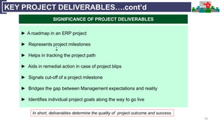 10
KEY PROJECT DELIVERABLES….cont’d
► A roadmap in an ERP project
► Represents project milestones
► Helps in tracking the project path
► Aids in remedial action in case of project blips
► Signals cut-off of a project milestone
► Bridges the gap between Management expectations and reality
► Identifies individual project goals along the way to go live
In short, deliverables determine the quality of project outcome and success.
:
SIGNIFICANCE OF PROJECT DELIVERABLES
 