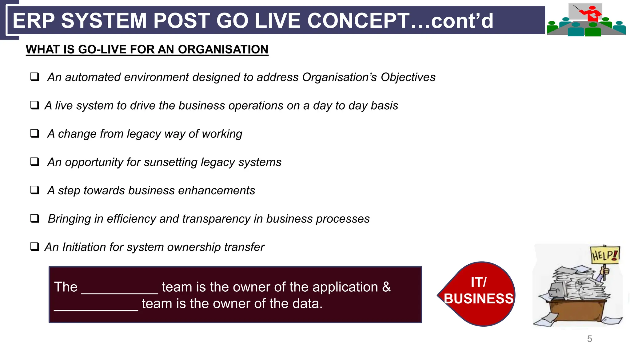 5
ERP SYSTEM POST GO LIVE CONCEPT…cont’d
 An automated environment designed to address Organisation’s Objectives
 A live system to drive the business operations on a day to day basis
 A change from legacy way of working
 An opportunity for sunsetting legacy systems
 A step towards business enhancements
 Bringing in efficiency and transparency in business processes
 An Initiation for system ownership transfer
The __________ team is the owner of the application &
___________ team is the owner of the data.
IT/
BUSINESS
WHAT IS GO-LIVE FOR AN ORGANISATION
 