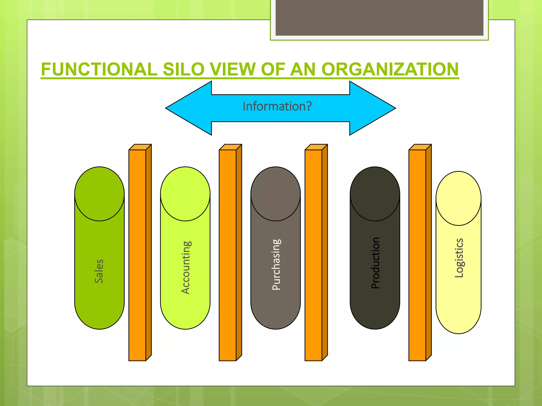 FUNCTIONAL SILO VIEW OF AN ORGANIZATION
Production
Logistics
Information?
 