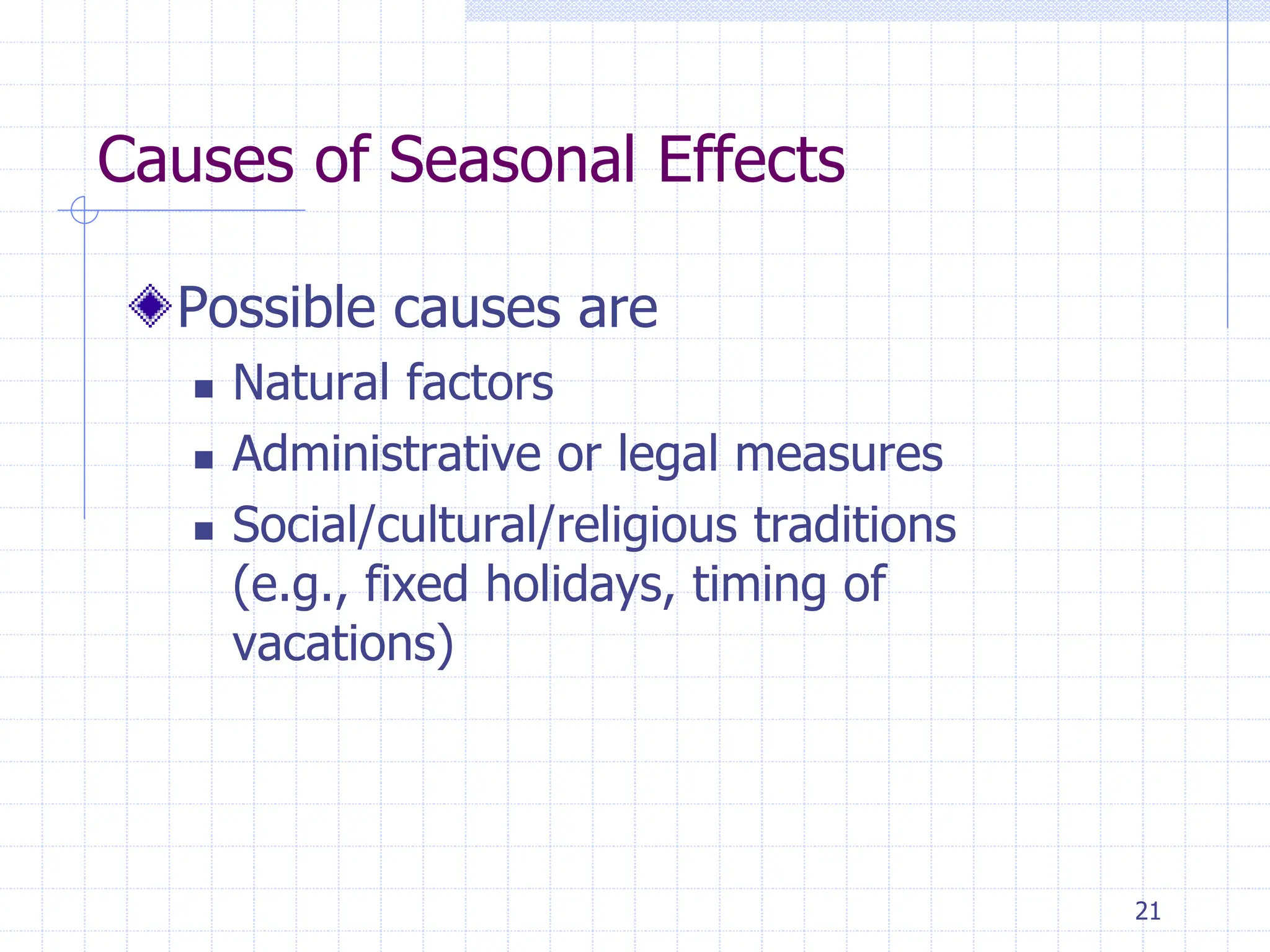 21
Causes of Seasonal Effects
Possible causes are
 Natural factors
 Administrative or legal measures
 Social/cultural/religious traditions
(e.g., fixed holidays, timing of
vacations)
 