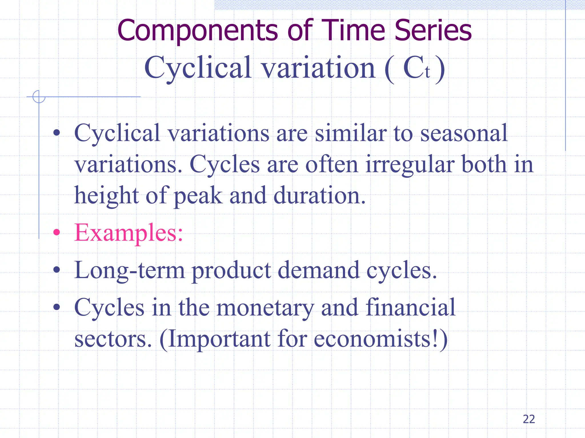 22
Components of Time Series
Cyclical variation ( Ct )
• Cyclical variations are similar to seasonal
variations. Cycles are often irregular both in
height of peak and duration.
• Examples:
• Long-term product demand cycles.
• Cycles in the monetary and financial
sectors. (Important for economists!)
 