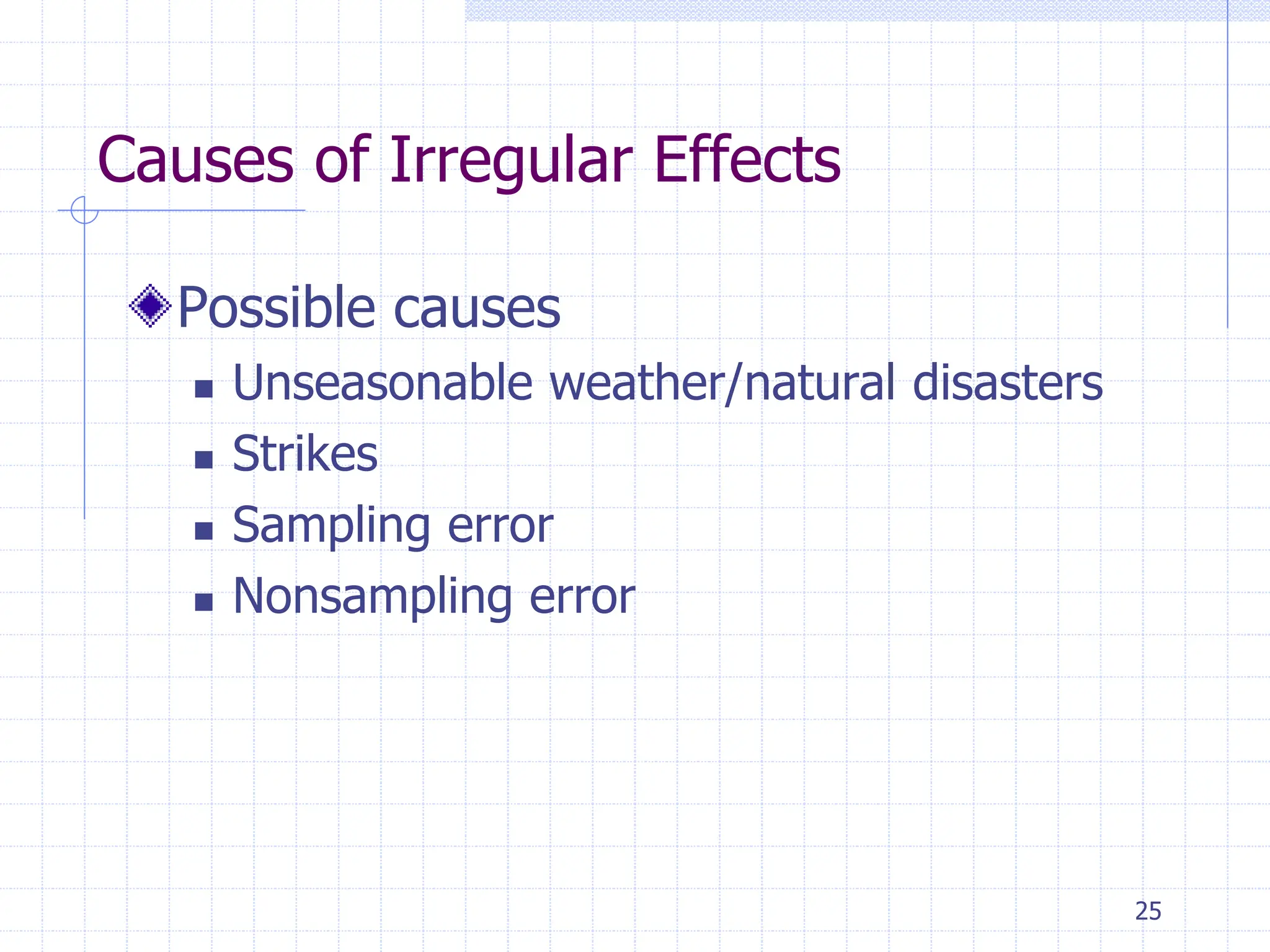 25
Causes of Irregular Effects
Possible causes
 Unseasonable weather/natural disasters
 Strikes
 Sampling error
 Nonsampling error
 