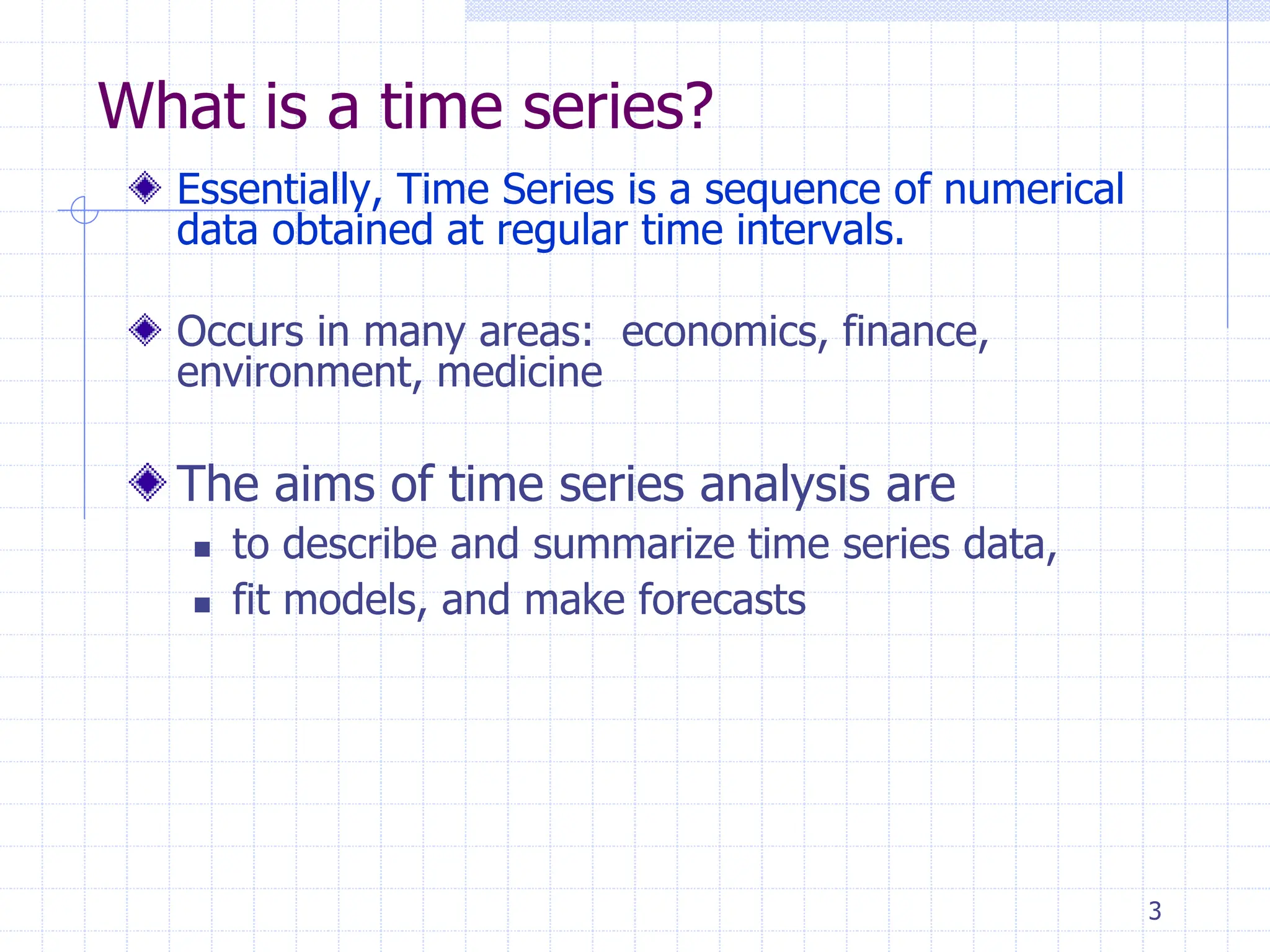3
What is a time series?
Essentially, Time Series is a sequence of numerical
data obtained at regular time intervals.
Occurs in many areas: economics, finance,
environment, medicine
The aims of time series analysis are
 to describe and summarize time series data,
 fit models, and make forecasts
 