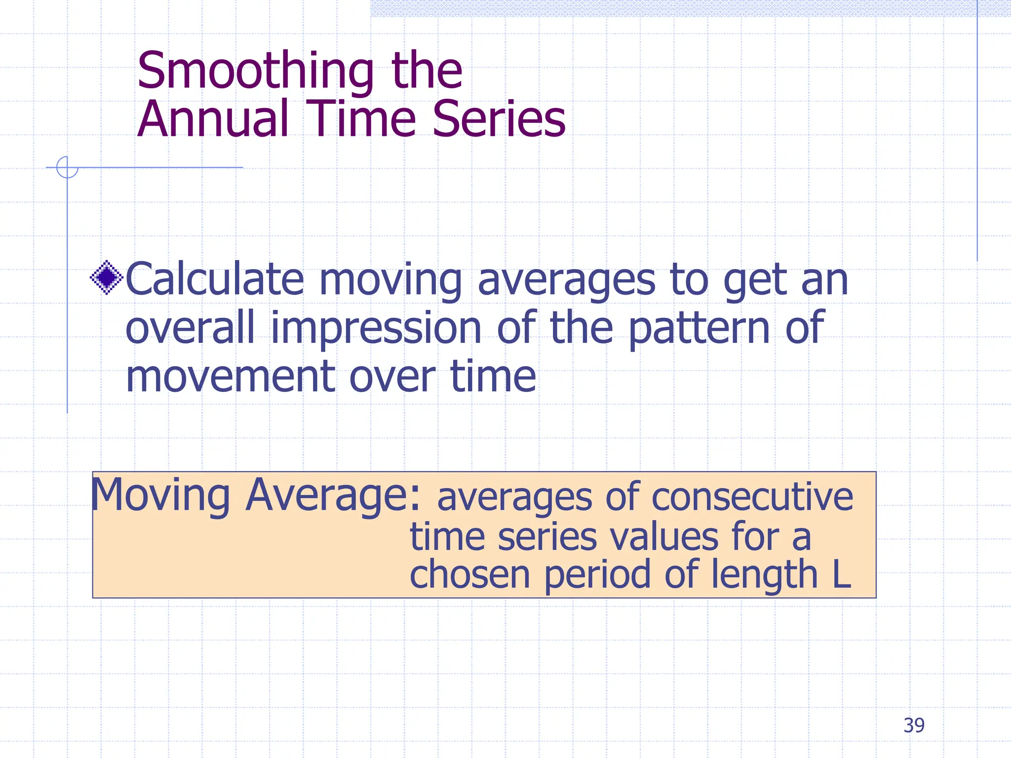 39
Smoothing the
Annual Time Series
Calculate moving averages to get an
overall impression of the pattern of
movement over time
Moving Average: averages of consecutive
time series values for a
chosen period of length L
 